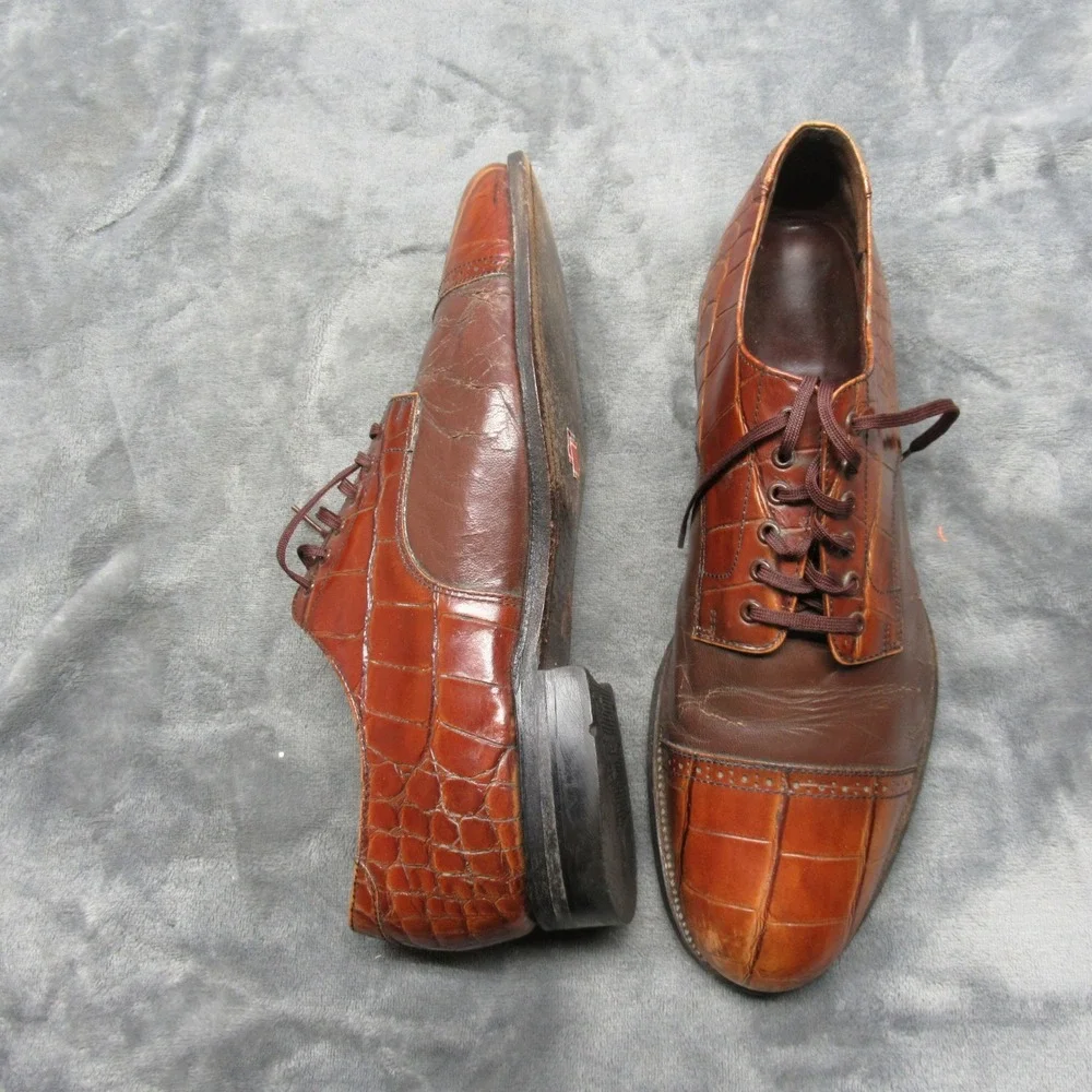 Stacy Adams Mens Shoes 8.5 D Brown Leather Crocodile Emboss Cap Toe Oxford Dress